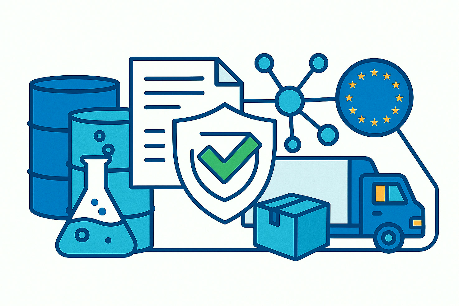 Illustration of REACH regulatory affairs and chemical product stewardship across specialty chemical supply