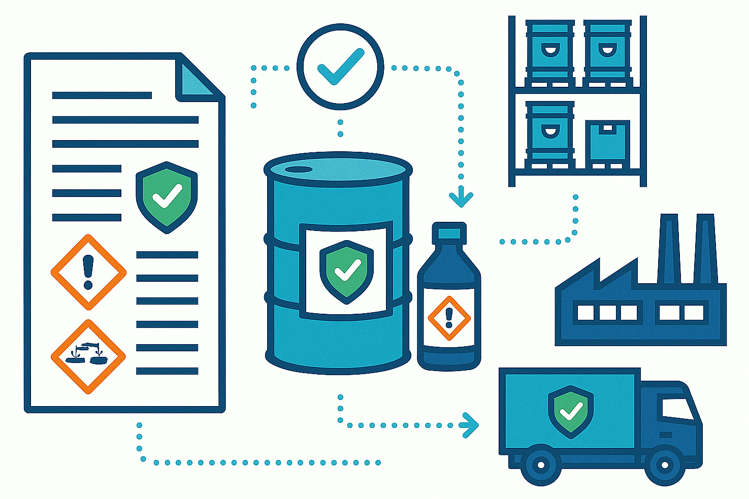 Illustration of safety documentation, chemical containers, warehousing and regulated supply-chain communication