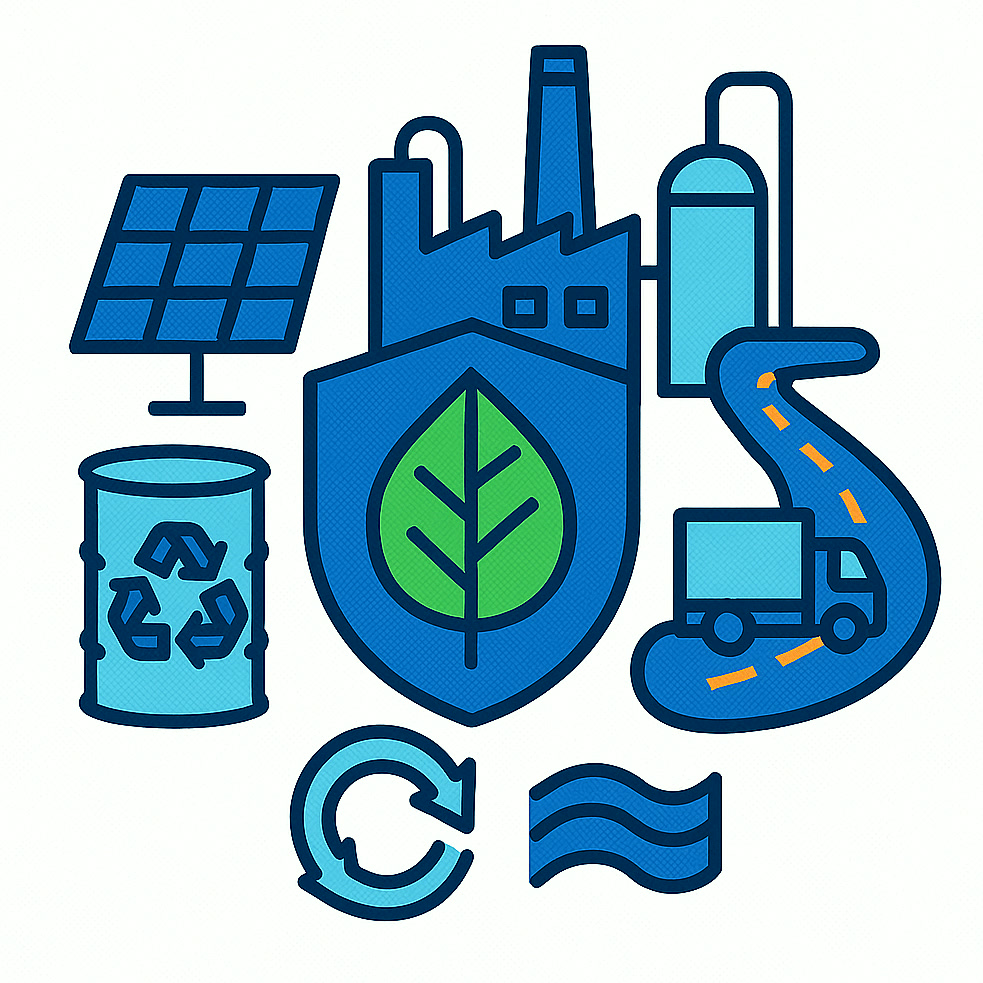 Illustration of environmental sustainability with renewable energy, water, packaging and logistics