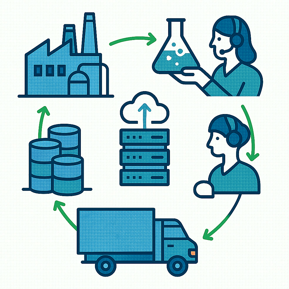 Illustration of sustainable business practices across production, logistics, consulting and IT services