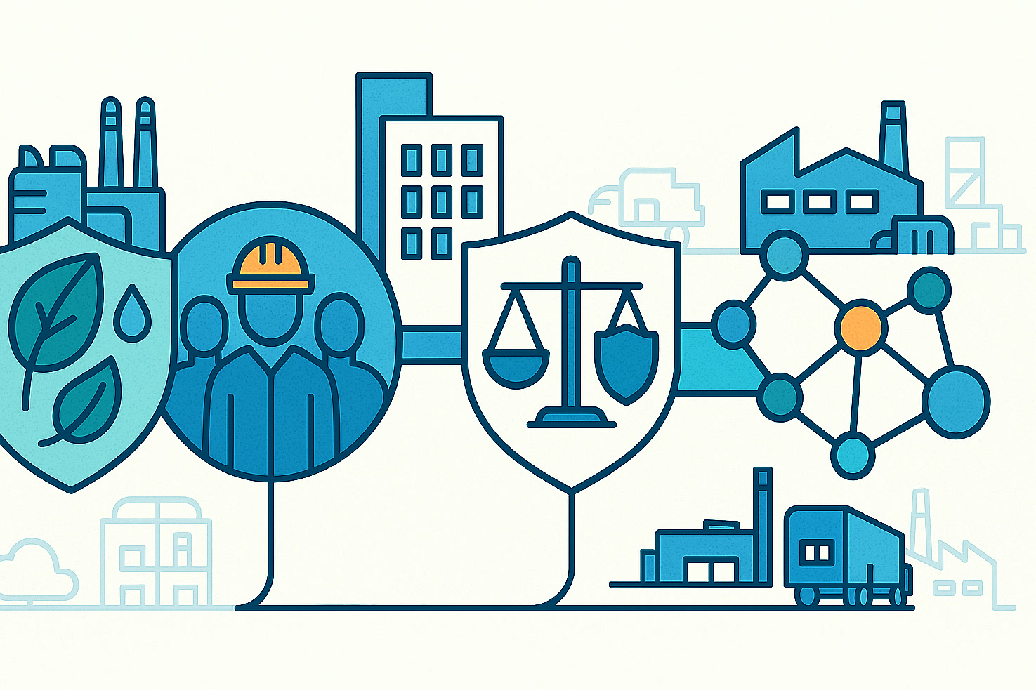 Illustration of Kautschuk Group sustainability pillars across environment, labor, ethics and business operations
